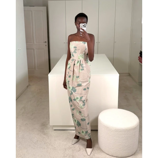 Bernadette Dress Lena in Chine Hydrangea Green on Beige | Maxi Dresses | Luxury Shoes 