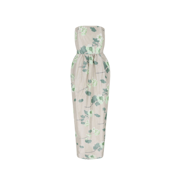 Bernadette Dress Lena in Chine Hydrangea Green on Beige | Maxi Dresses | Luxury Shoes 