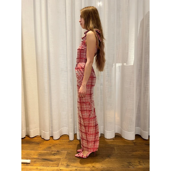 Bernadette Dress Lene Embroidered in Pink and Ivory Tartan Embroidery on Baroque Rose | Maxi Dresses | Luxury Shoes 
