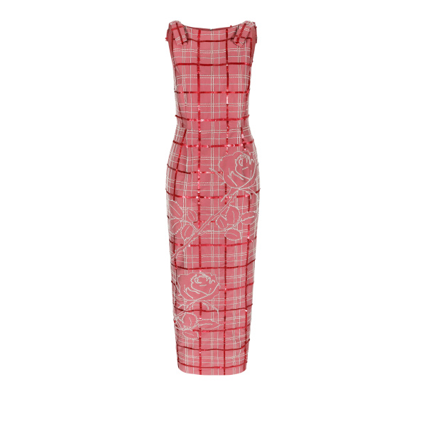 Bernadette Dress Lene Embroidered in Pink and Ivory Tartan Embroidery on Baroque Rose | Maxi Dresses | Luxury Shoes 
