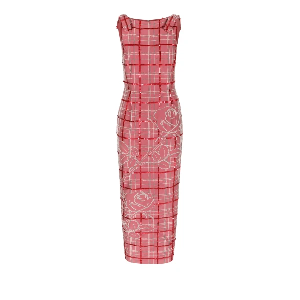 Dress Lene Embroidered in Pink and Ivory Tartan Embroidery on Baroque Rose