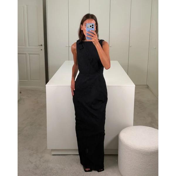 Bernadette Dress Lene in Embossed Petals Black | Maxi Dresses | Luxury Shoes 
