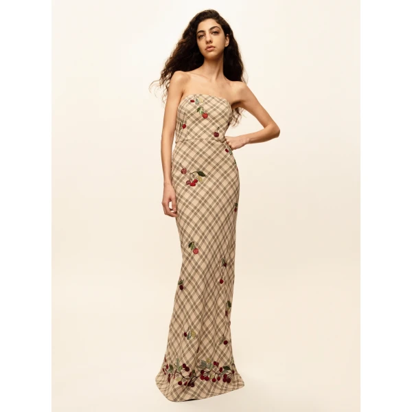 Bernadette Dress Luna Embroidered in Multi Red Cherry Embroidered on Cream Check | Maxi Dresses | Luxury Shoes 