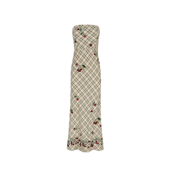 Bernadette Dress Luna Embroidered in Multi Red Cherry Embroidered on Cream Check | Maxi Dresses | Luxury Shoes 