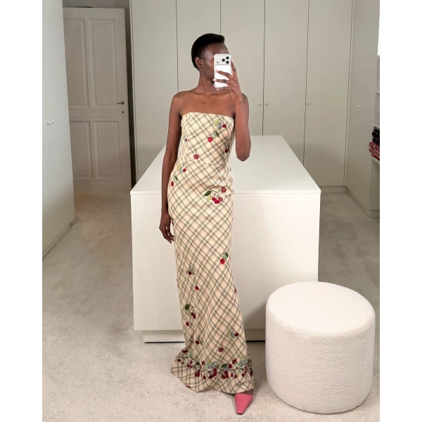 Bernadette Dress Luna Embroidered in Multi Red Cherry Embroidered on Cream Check | Maxi Dresses | Luxury Shoes 