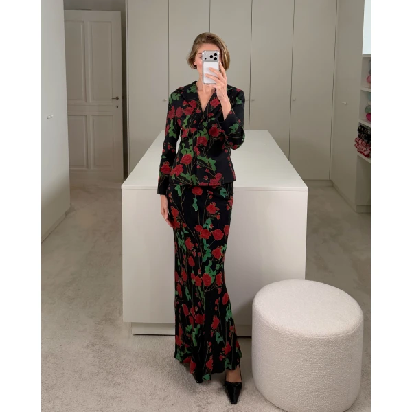 Bernadette Jacket Elle in Rosebranches Red on Black | Blazers | Luxury Shoes 