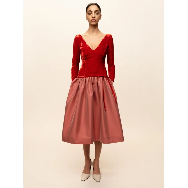 Bernadette Midi Dress Inez in Red and Powder Rose | Midi Dresses | Luxury Shoes 