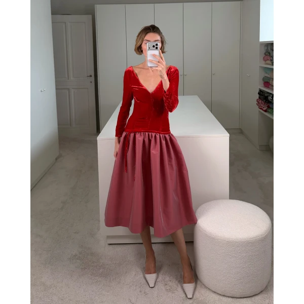 Bernadette Midi Dress Inez in Red and Powder Rose | Midi Dresses | Luxury Shoes 