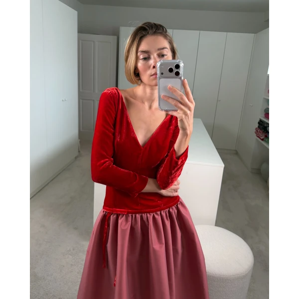 Bernadette Midi Dress Inez in Red and Powder Rose | Midi Dresses | Luxury Shoes 