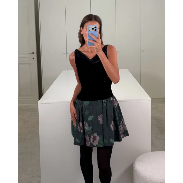 Bernadette Mini Dress Yael in Black and Hydrangea Green on Black | Mini Dresses | Luxury Shoes 