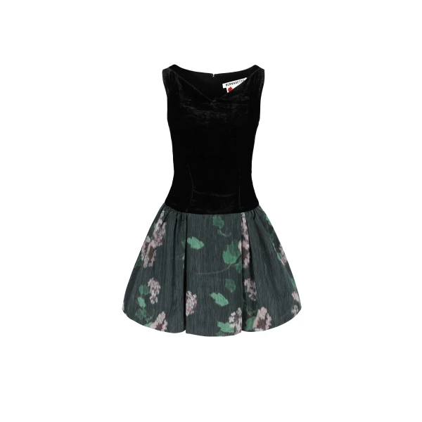 Mini Dress Yael in Black and Hydrangea Green on Black