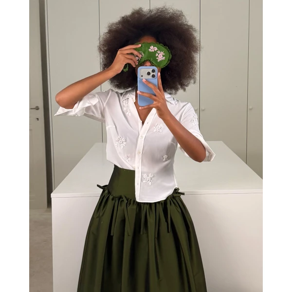 Bernadette Silk Sleeping Mask in Green Pink Rose Embroidery | Accessories | Luxury Shoes 