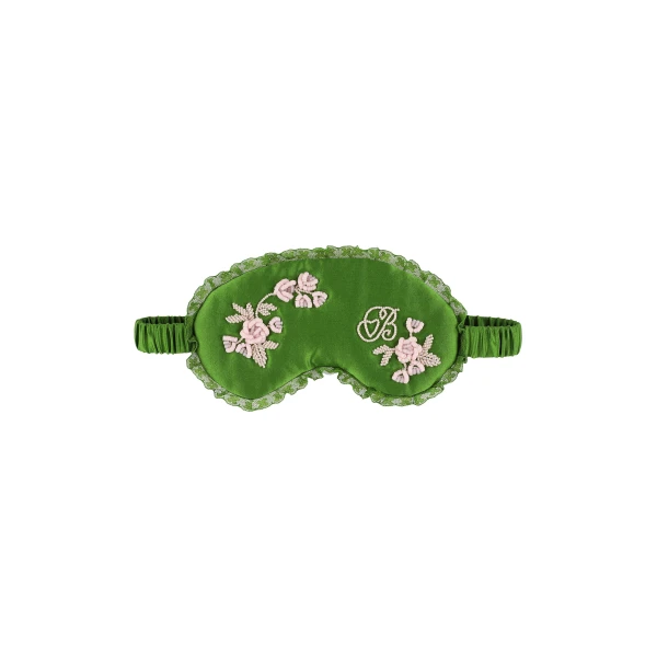 Silk Sleeping Mask in Green Pink Rose Embroidery