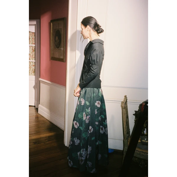 Bernadette Skirt Callum in Chine Hydrangea Pink on Black | Maxi Skirts | Luxury Shoes 