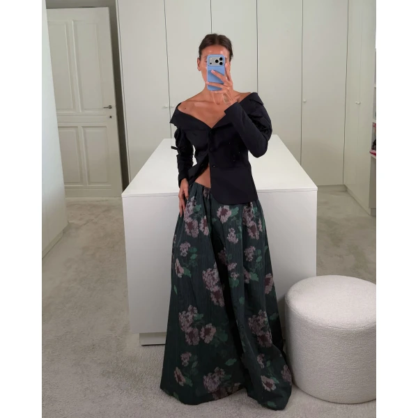 Bernadette Skirt Callum in Chine Hydrangea Pink on Black | Maxi Skirts | Luxury Shoes 