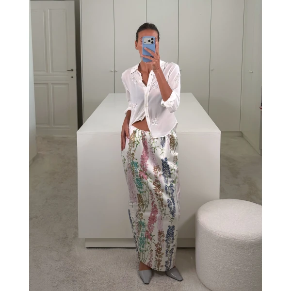 Bernadette Skirt Damian in Delphinium Multicolour on Cream | Maxi Skirts | Luxury Shoes 