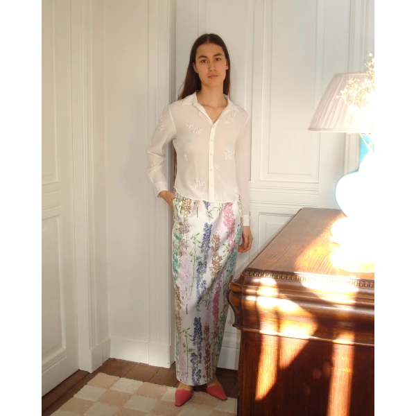 Bernadette Skirt Damian in Delphinium Multicolour on Cream | Maxi Skirts | Luxury Shoes 