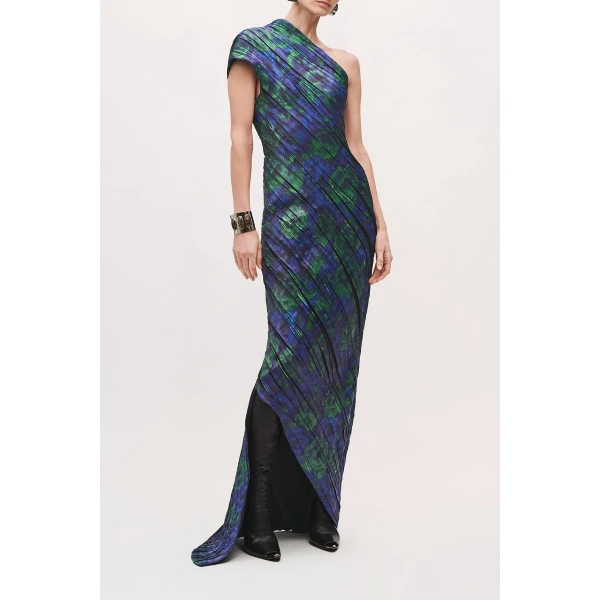 Brandon Maxwell Karina One Shoulder Pleated Dress in Blue Floral | Maxi Dresses | Luxury Shoes 