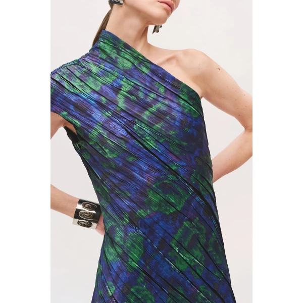Brandon Maxwell Karina One Shoulder Pleated Dress in Blue Floral | Maxi Dresses | Luxury Shoes 