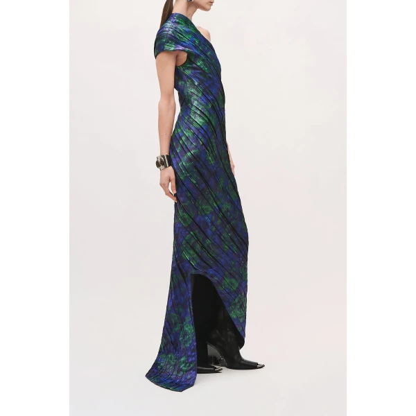 Brandon Maxwell Karina One Shoulder Pleated Dress in Blue Floral | Maxi Dresses | Luxury Shoes 