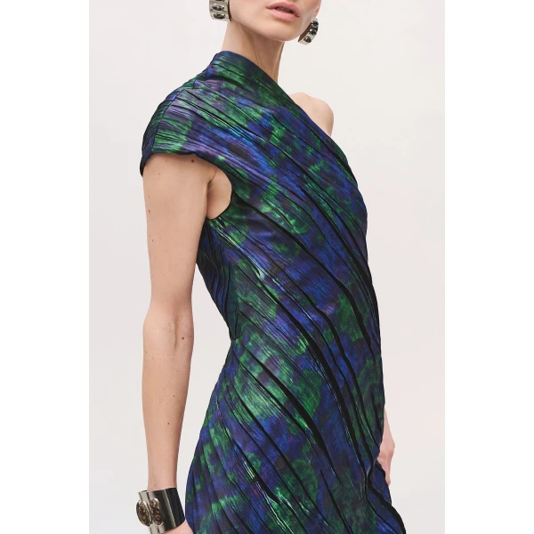 Brandon Maxwell Karina One Shoulder Pleated Dress in Blue Floral | Maxi Dresses | Luxury Shoes 