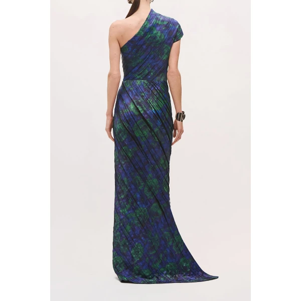 Brandon Maxwell Karina One Shoulder Pleated Dress in Blue Floral | Maxi Dresses | Luxury Shoes 