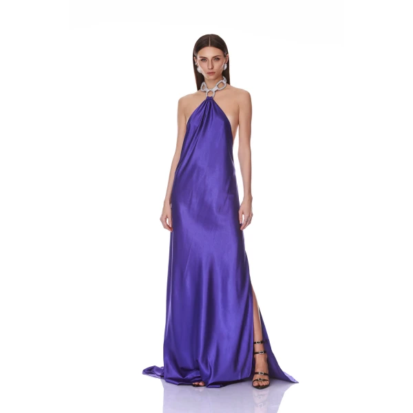 Bronx and Banco Amara Silk Indigo Halterneck Backless Gown | Evening Gowns | Luxury Shoes 