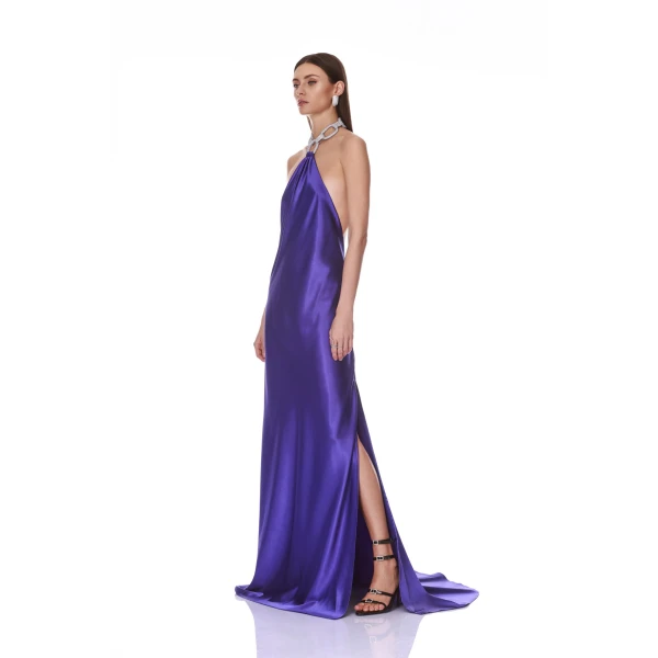 Bronx and Banco Amara Silk Indigo Halterneck Backless Gown | Evening Gowns | Luxury Shoes 