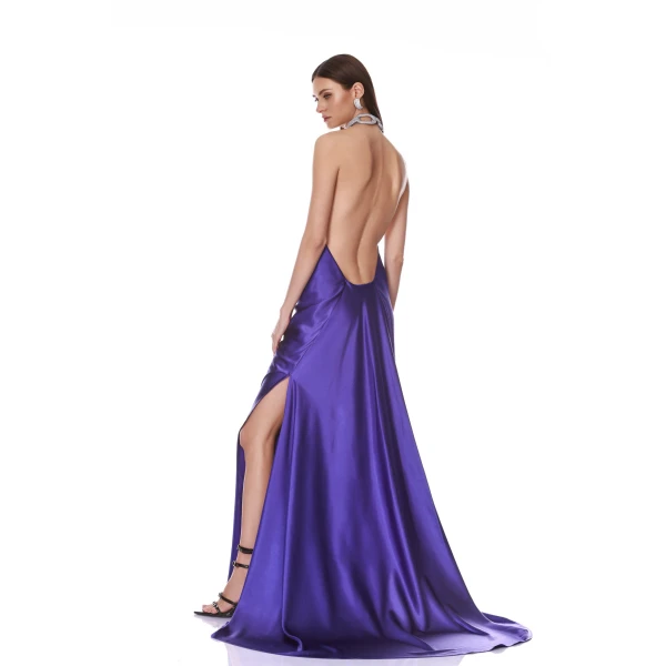 Bronx and Banco Amara Silk Indigo Halterneck Backless Gown | Evening Gowns | Luxury Shoes 