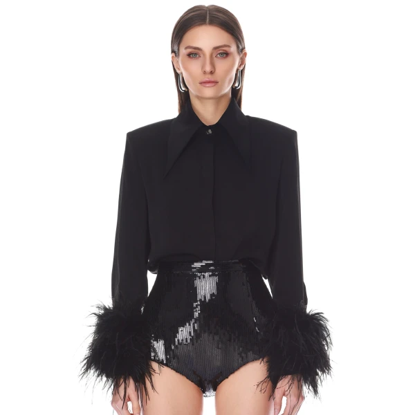 Bronx and Banco Button Down Blouse with Feather Cuffs | Blouse | Luxury Shoes 