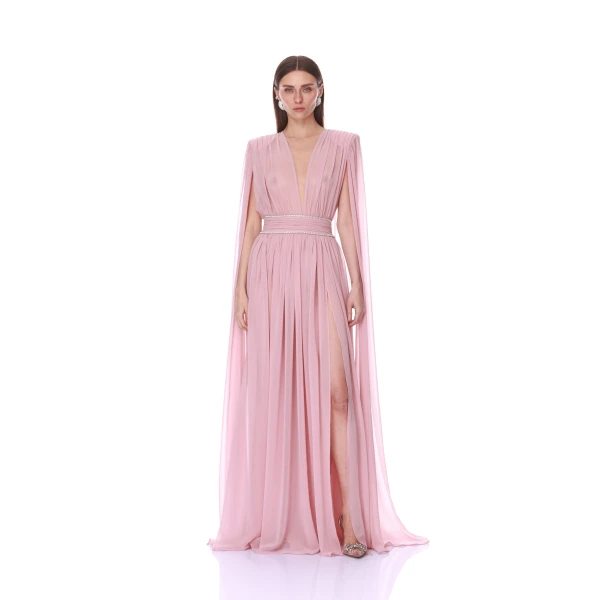 Chiffon Blush Cape Gown