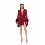 Bronx and Banco Chiffon and Faux Fur Long Sleeve V-Neck Burgundy Mini Dress | Mini Dresses | Luxury Shoes 