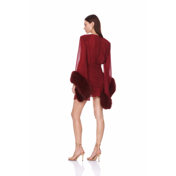 Bronx and Banco Chiffon and Faux Fur Long Sleeve V-Neck Burgundy Mini Dress | Mini Dresses | Luxury Shoes 