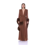 Bronx and Banco Chiffon and Faux Fur Long Sleeve V-Neck Gown | Evening Gowns | Luxury Shoes 