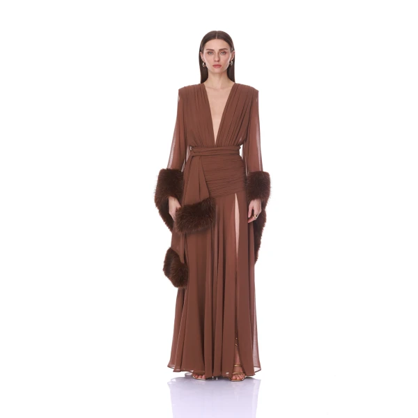 Chiffon and Faux Fur Long Sleeve V-Neck Gown