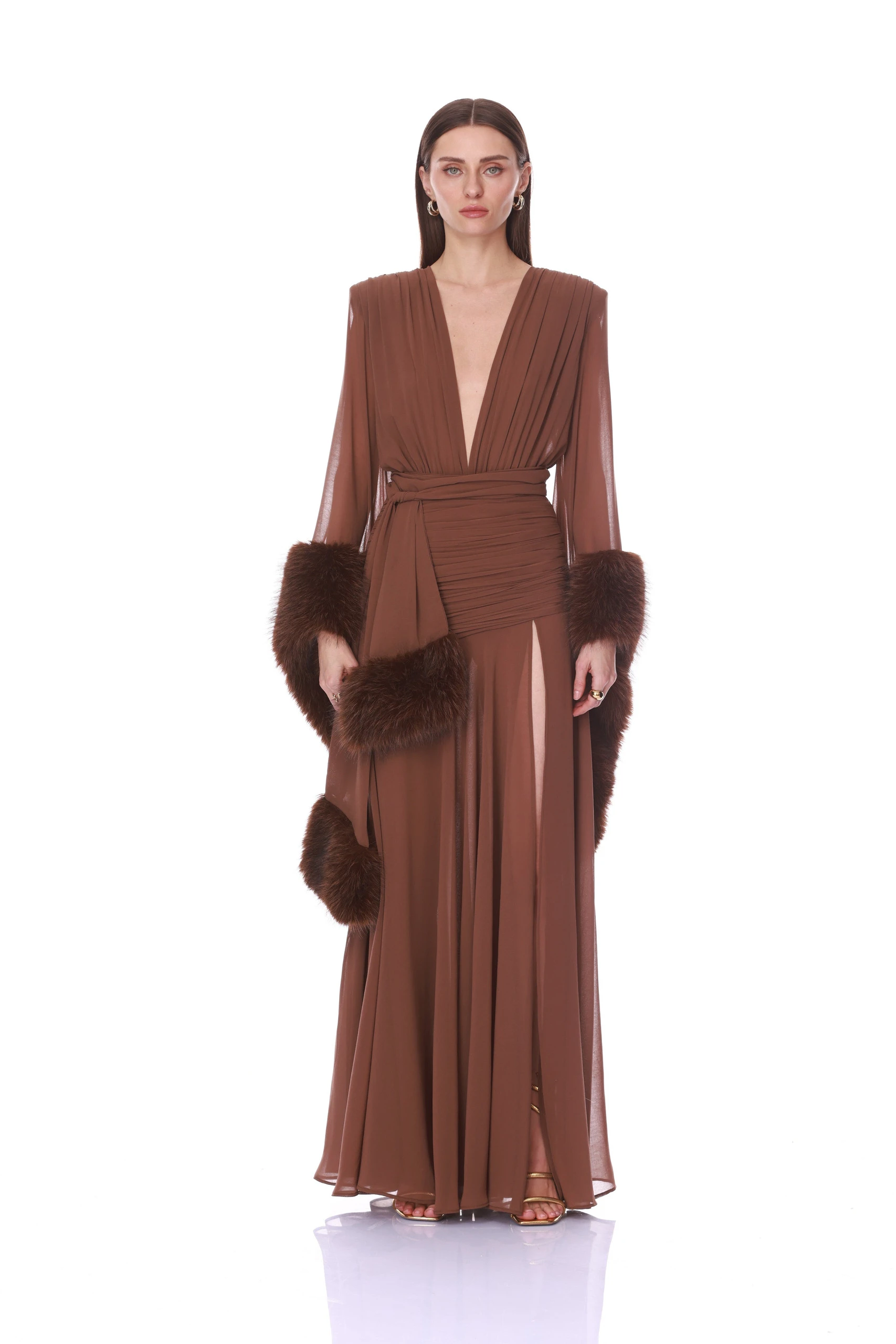 Bronx and Banco Chiffon and Faux Fur Long Sleeve V-Neck Gown 1 Bronx and Banco Chiffon and Faux Fur Long Sleeve V-Neck Gown | Evening Gowns | Luxury Shoes