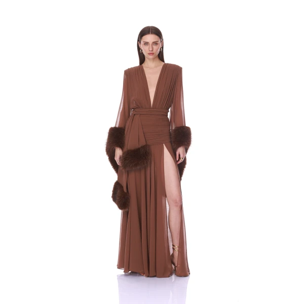 Bronx and Banco Chiffon and Faux Fur Long Sleeve V-Neck Gown | Evening Gowns | Luxury Shoes 