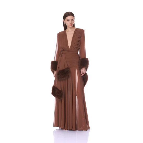 Bronx and Banco Chiffon and Faux Fur Long Sleeve V-Neck Gown | Evening Gowns | Luxury Shoes 
