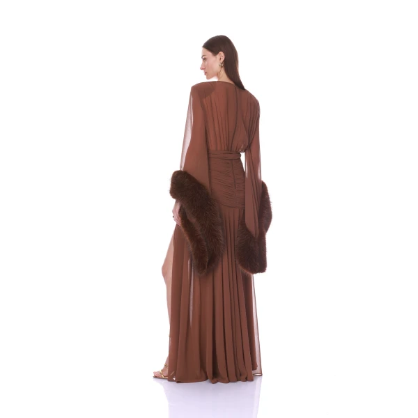 Bronx and Banco Chiffon and Faux Fur Long Sleeve V-Neck Gown | Evening Gowns | Luxury Shoes 