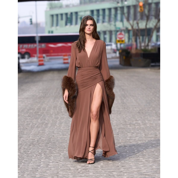 Bronx and Banco Chiffon and Faux Fur Long Sleeve V-Neck Gown | Evening Gowns | Luxury Shoes 