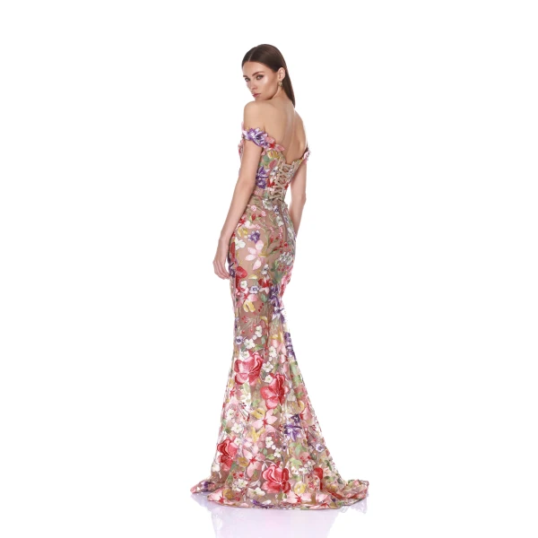 Bronx and Banco Flora 3D Off the Shoulder Coral Gown | Evening Gowns | Luxury Shoes 