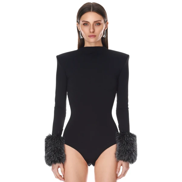 Bronx and Banco Long Sleeve Bodysuit with Faux Fur Cuffs | Bodysuit | Luxury Shoes 
