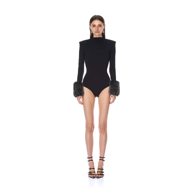 Long Sleeve Bodysuit with Faux Fur Cuffs