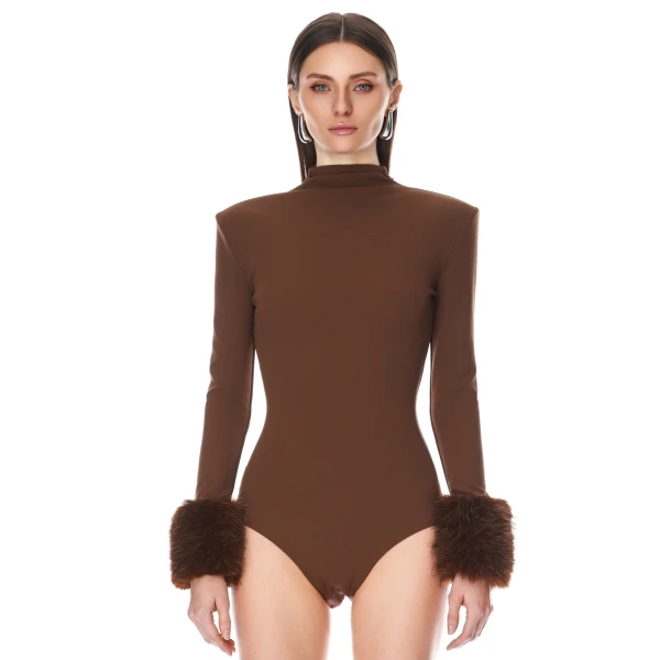 Bronx and Banco Long Sleeve Brown Bodysuit with Faux Fur Cuffs | Bodysuit | Luxury Shoes 