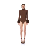 Bronx and Banco Long Sleeve Brown Bodysuit with Faux Fur Cuffs | Bodysuit | Luxury Shoes 
