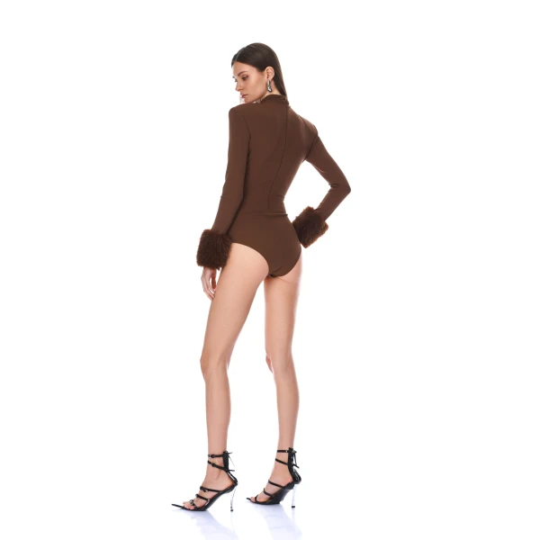 Bronx and Banco Long Sleeve Brown Bodysuit with Faux Fur Cuffs | Bodysuit | Luxury Shoes 