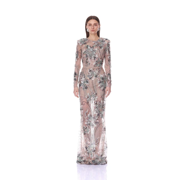 Long Sleeve Embellished Blue Multi Gown