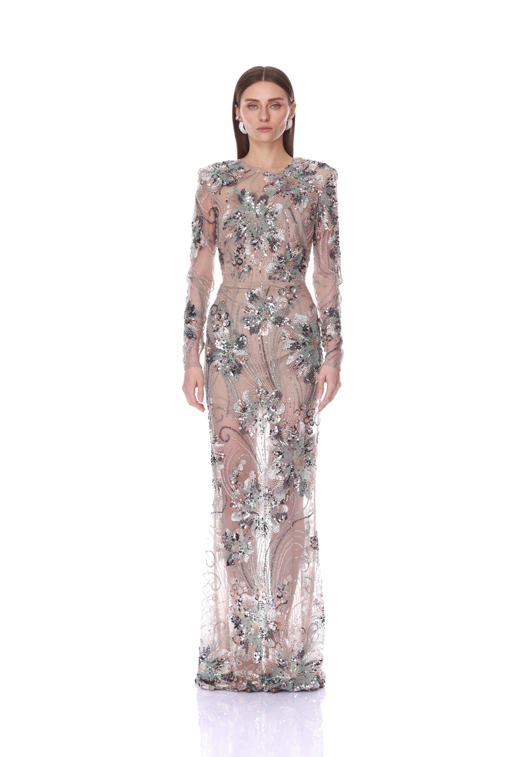 Bronx and Banco Long Sleeve Embellished Blue Multi Gown 1 Bronx and Banco Long Sleeve Embellished Blue Multi Gown | Evening Gowns | Luxury Shoes