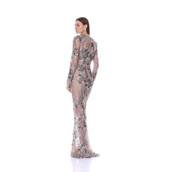 Bronx and Banco Long Sleeve Embellished Blue Multi Gown | Evening Gowns | Luxury Shoes 