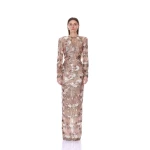 Bronx and Banco Long Sleeve Embellished Metallic Gown | Evening Gowns | Luxury Shoes 